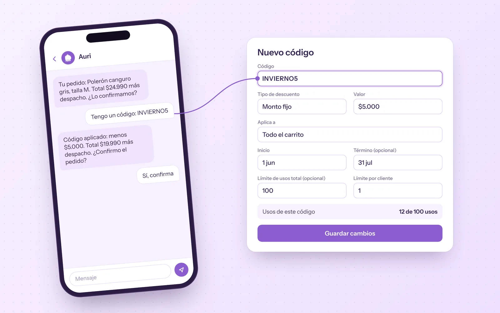 Conversación en la que un cliente escribe un código y el asistente le descuenta $5.000 del pedido, junto al formulario del panel para crear el código con su tipo, alcance, fechas y límite de usos.