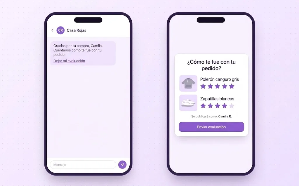 A la izquierda, un mensaje de WhatsApp de un negocio que agradece la compra y trae el enlace Dejar mi evaluación. A la derecha, el formulario con la pregunta por el pedido, dos productos con sus estrellas por separado y el botón Enviar evaluación.