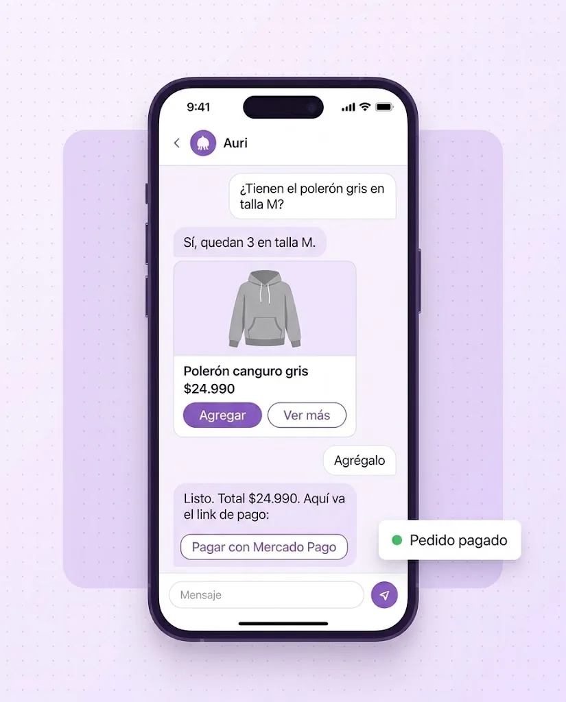Teléfono con una conversación de WhatsApp con Auri: el cliente pregunta por un polerón gris en talla M, recibe la ficha con foto y precio, lo agrega y recibe el botón para pagar con Mercado Pago, con el aviso Pedido pagado.